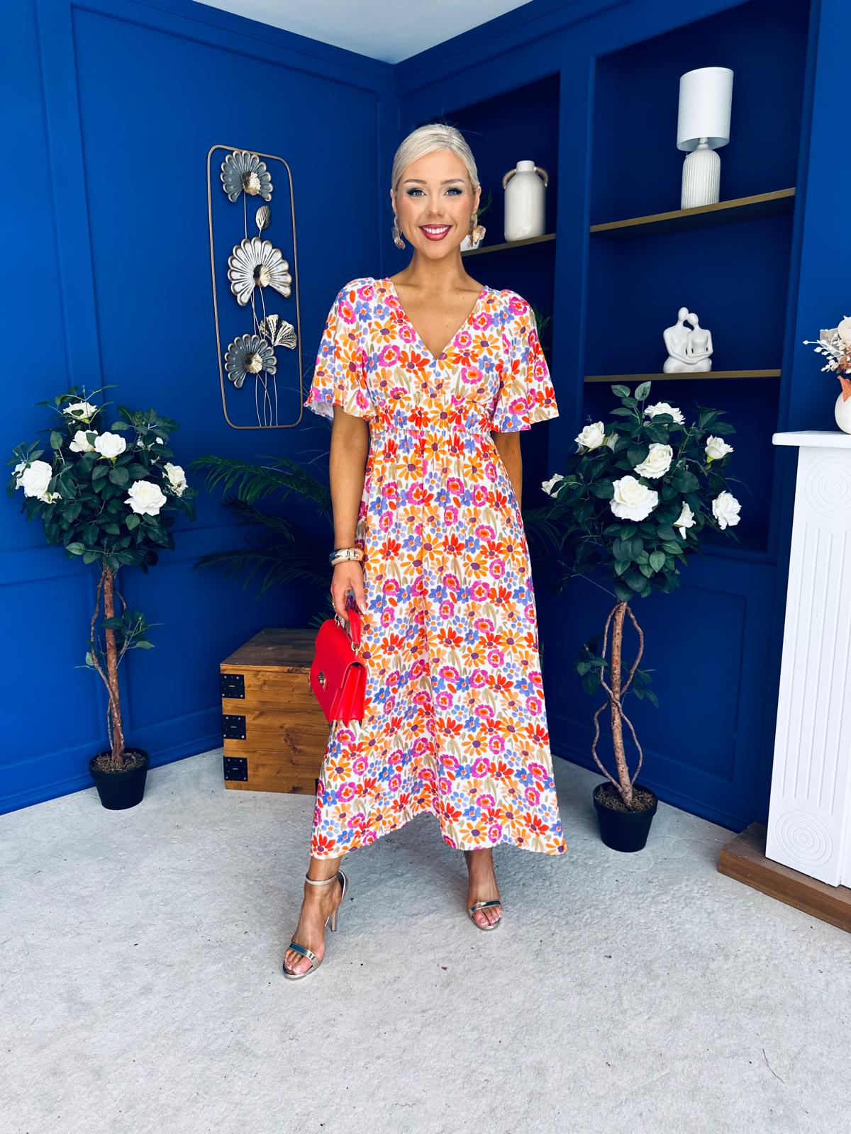 Nina Open Back Midi Dress Floral Pink