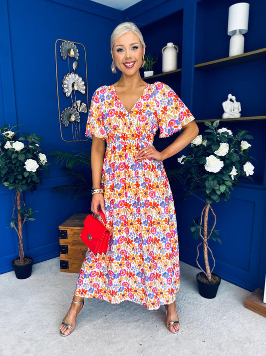 Nina Open Back Midi Dress Floral Pink