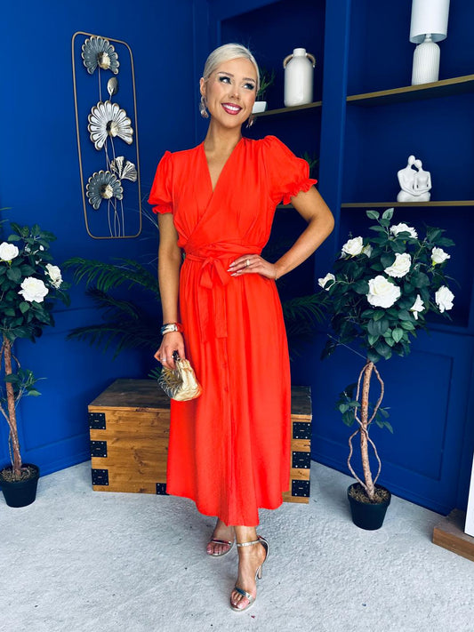 Eirca Wrap Detail Midi Dress Coral