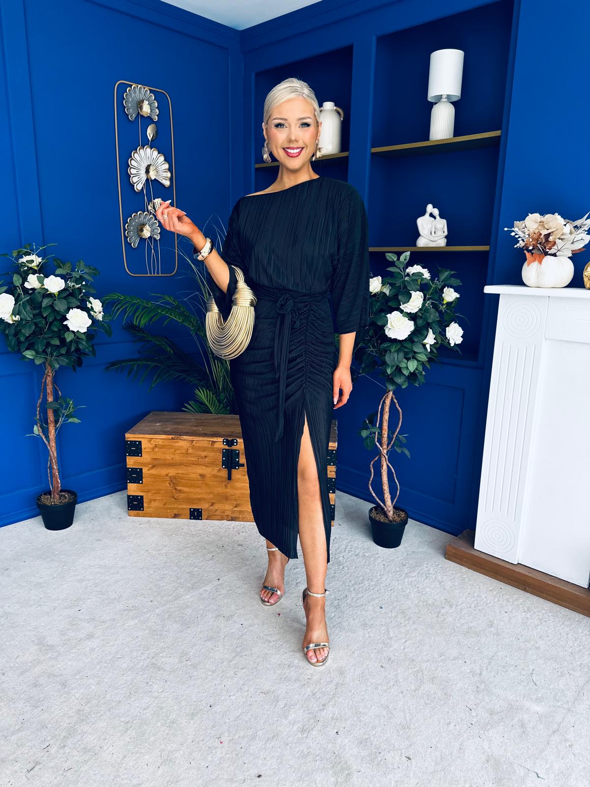 Vendy Off The Shoulder Plisse Midi Dress Black