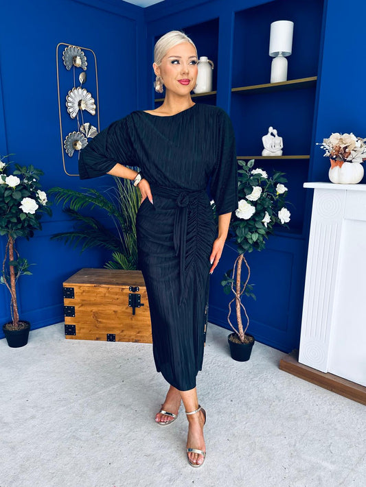 Vendy Off The Shoulder Plisse Midi Dress Black