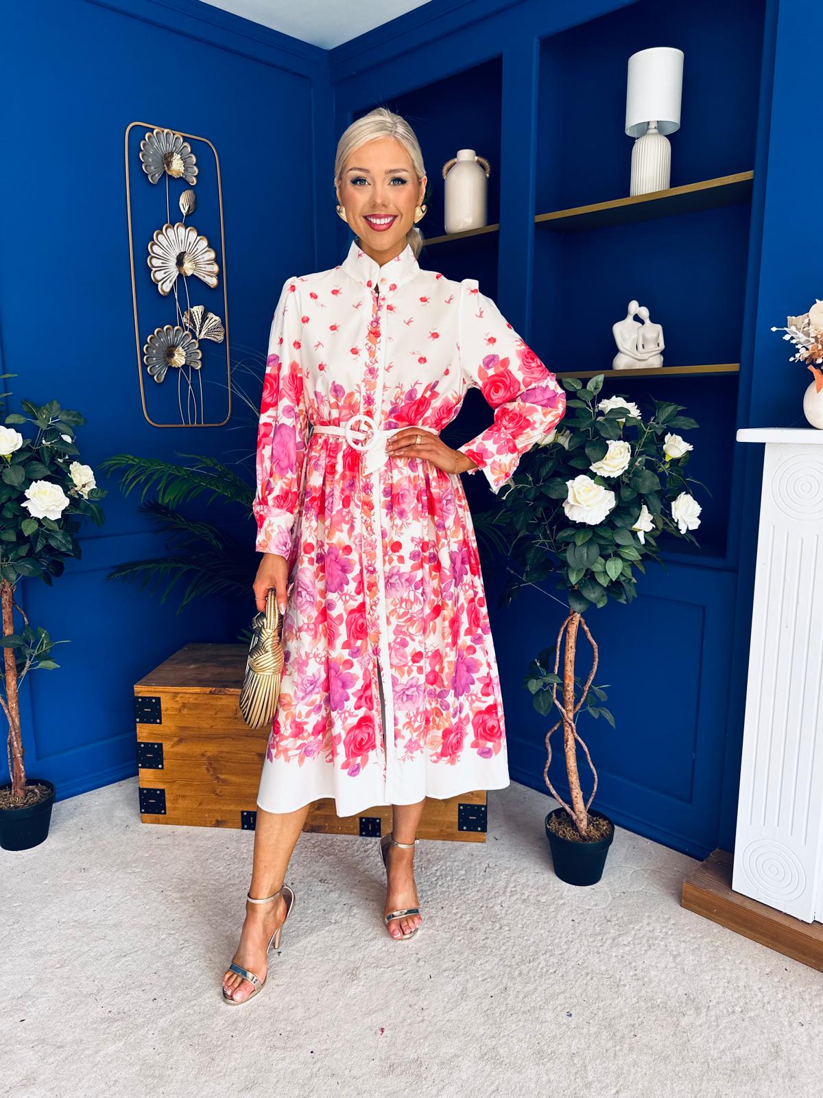 Phillipa Button Detail Midi Dress Floral White