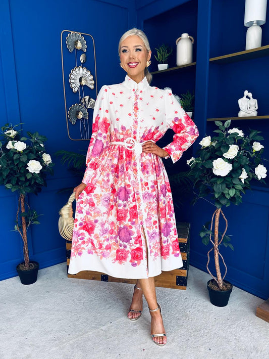 Phillipa Button Detail Midi Dress Floral White