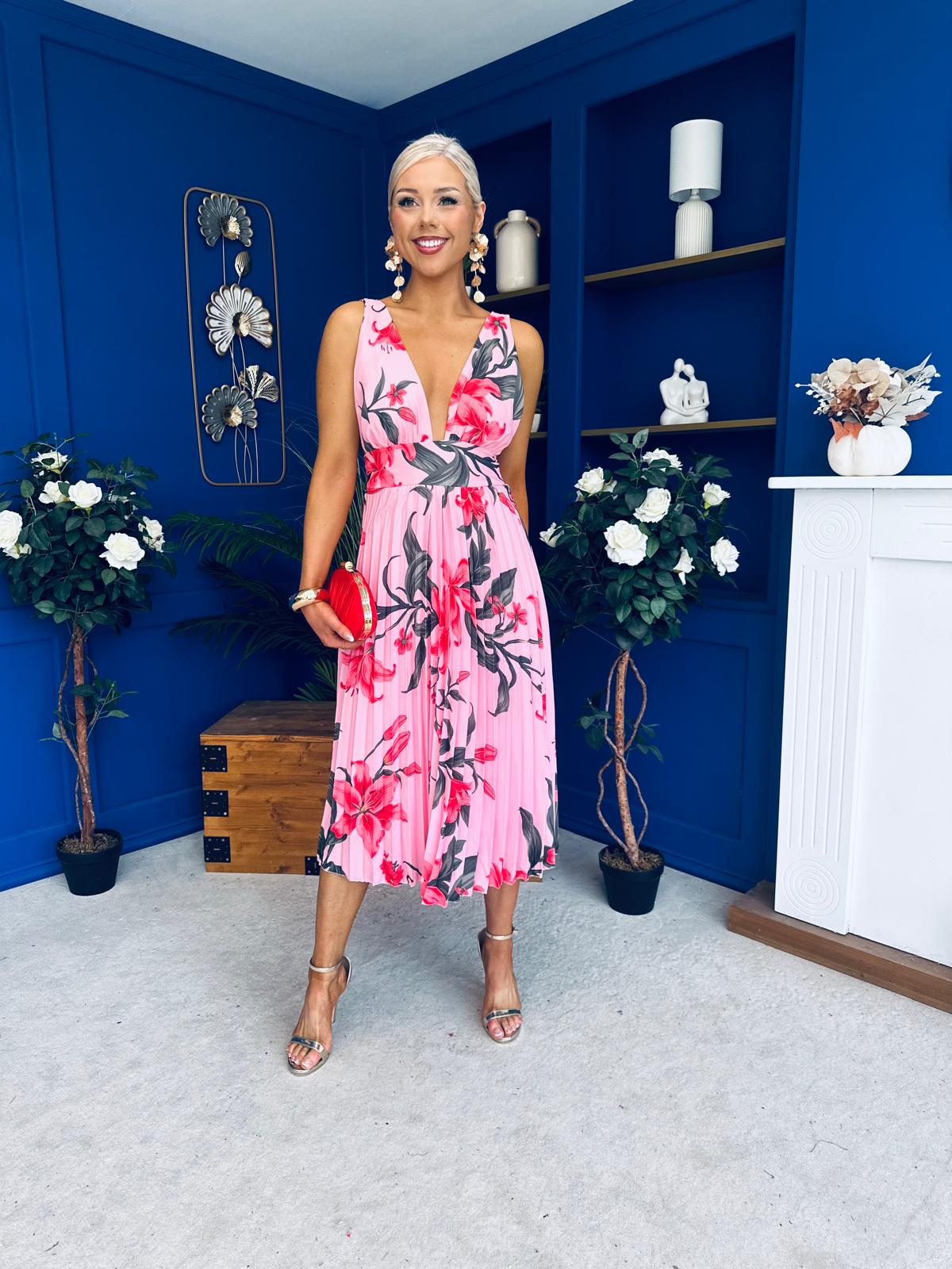 Carly Pleated Midi Dress Floral Cerise