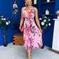 Carly Pleated Midi Dress Floral Cerise