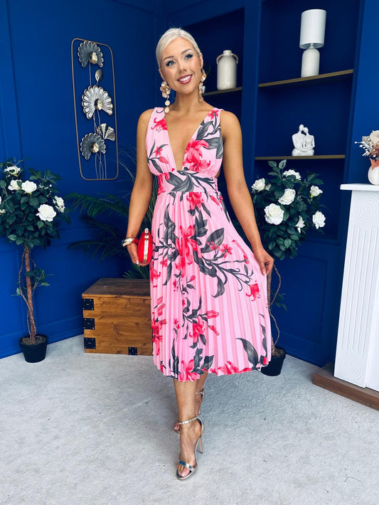 Carly Pleated Midi Dress Floral Cerise