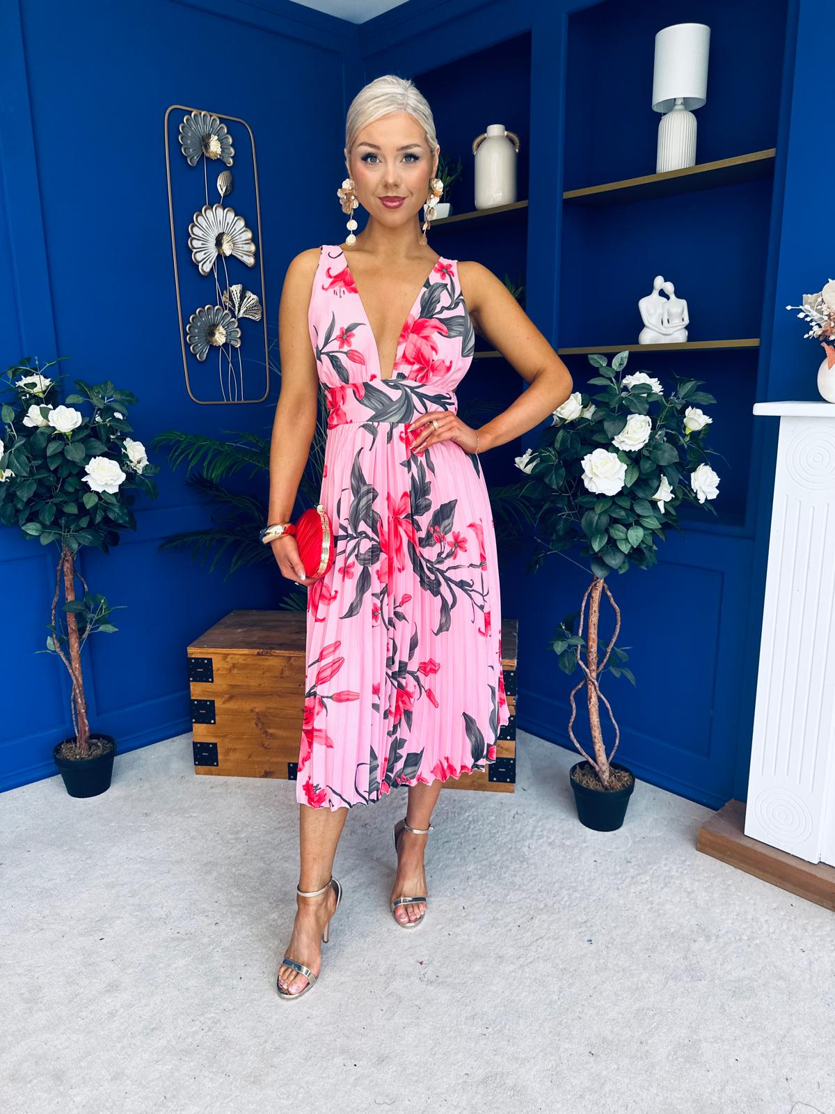 Carly Pleated Midi Dress Floral Cerise