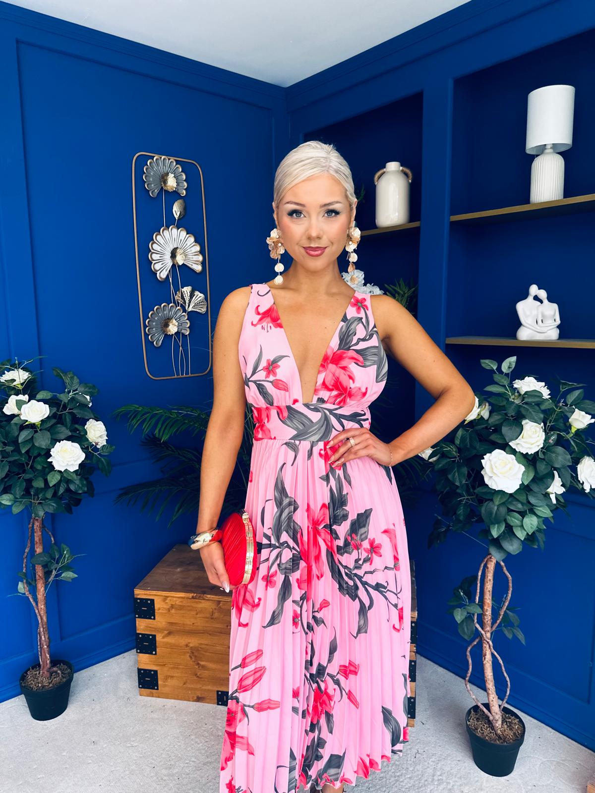 Carly Pleated Midi Dress Floral Cerise
