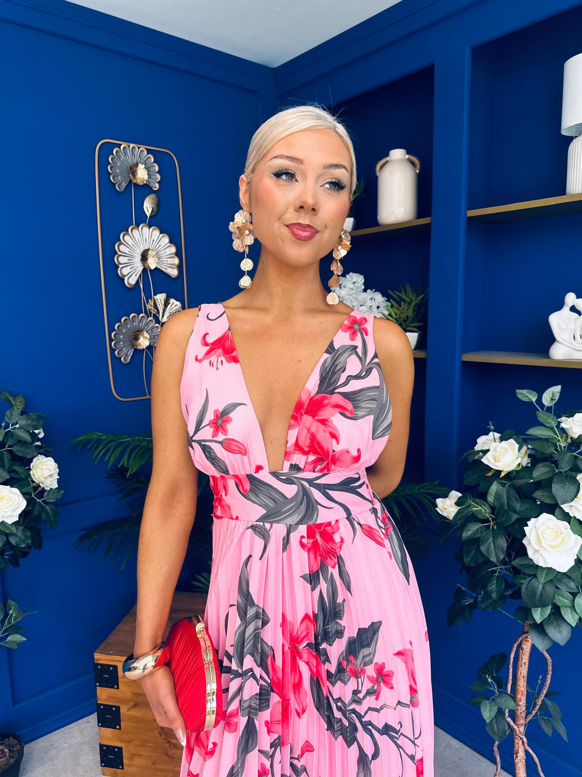 Carly Pleated Midi Dress Floral Cerise