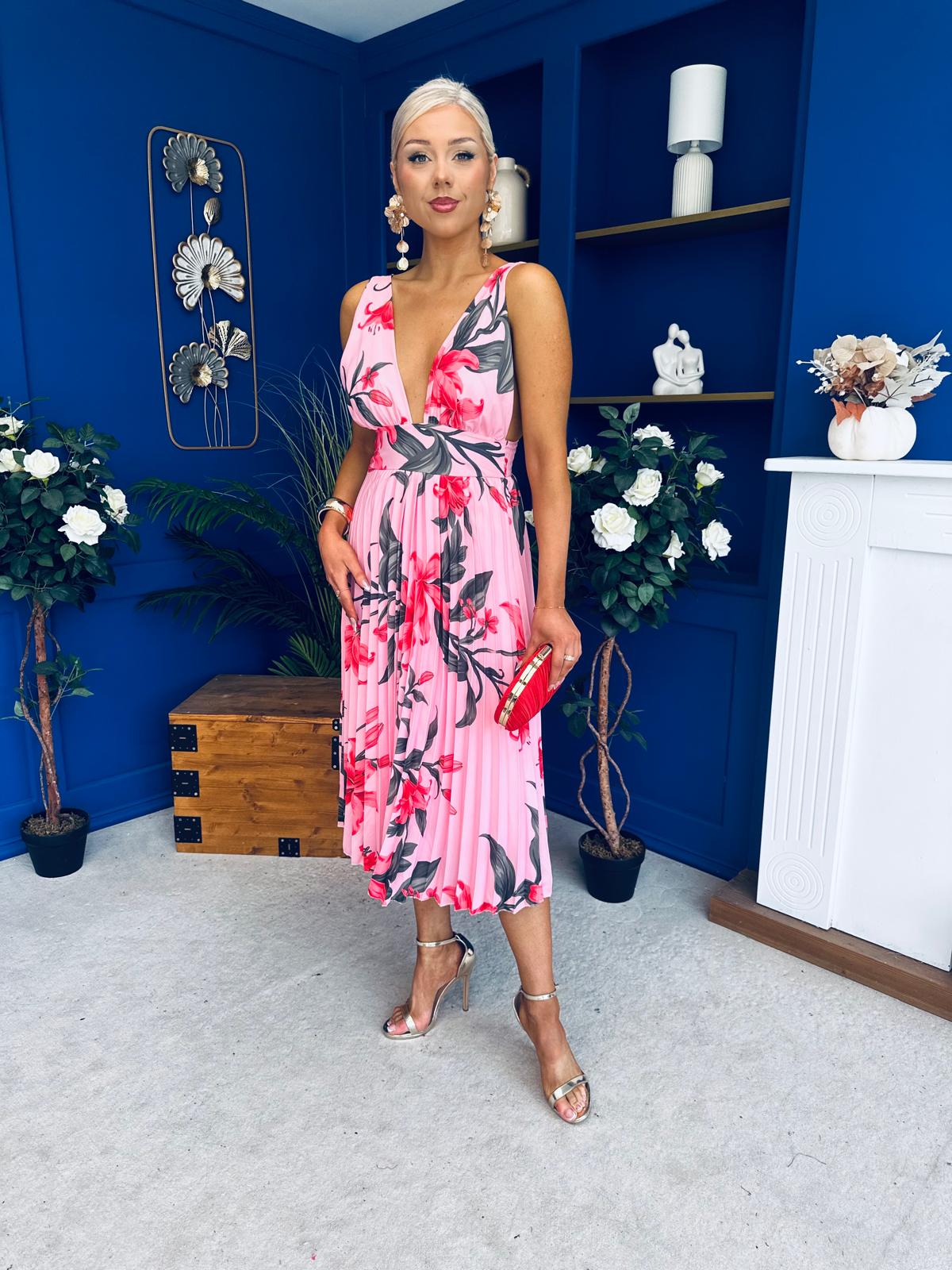 carly floral midi dress Carly Pleated Midi Dress Floral Cerise – Canella Lane