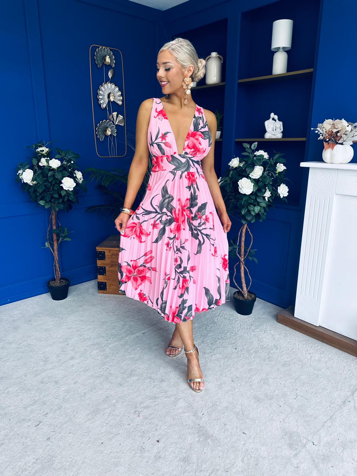 Carly Pleated Midi Dress Floral Cerise