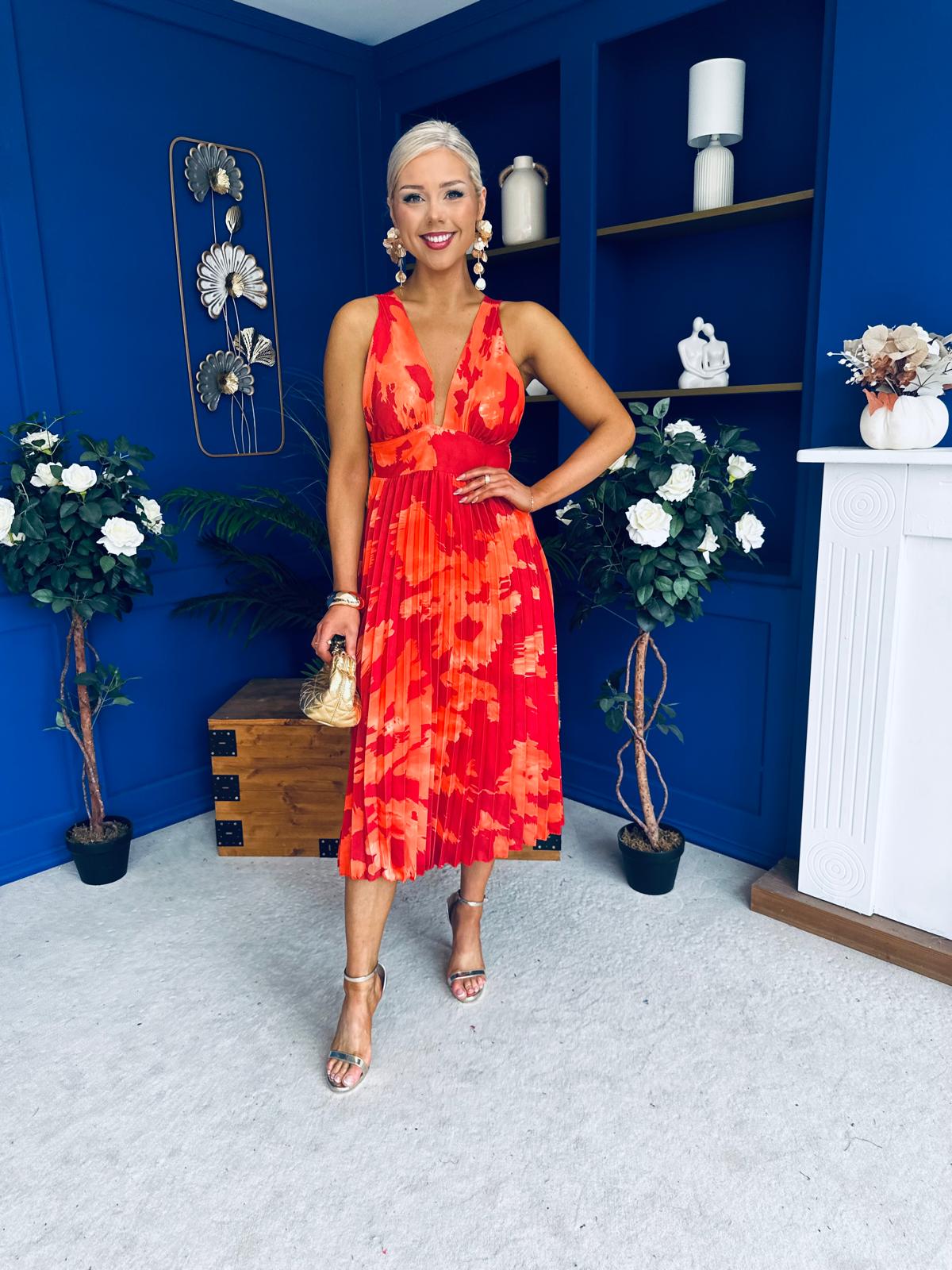 Carly Pleated Midi Dress Floral Coral