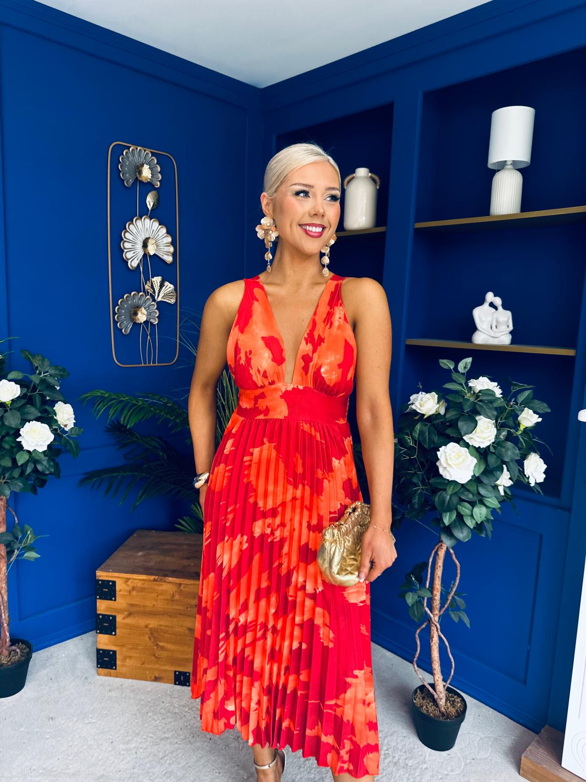 Carly Pleated Midi Dress Floral Coral