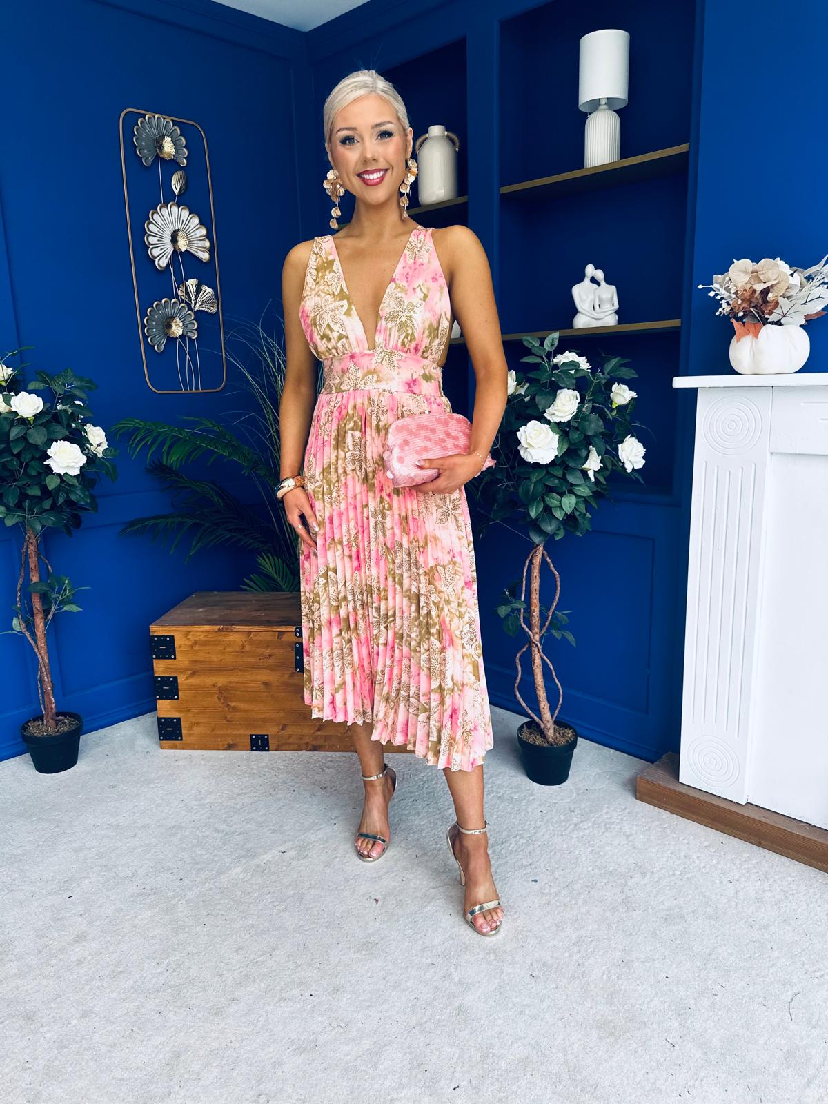 Carly Pleated Midi Dress Floral Blush