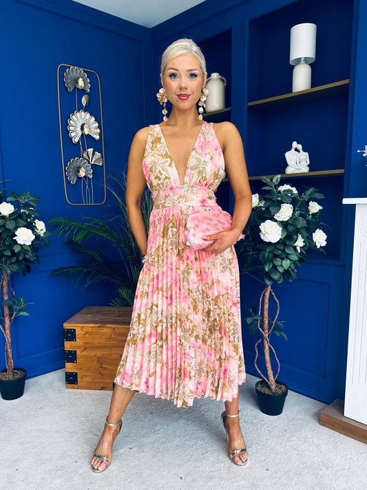 Carly Pleated Midi Dress Floral Blush