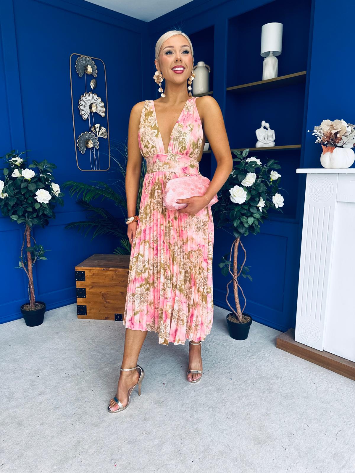 Carly Pleated Midi Dress Floral Blush