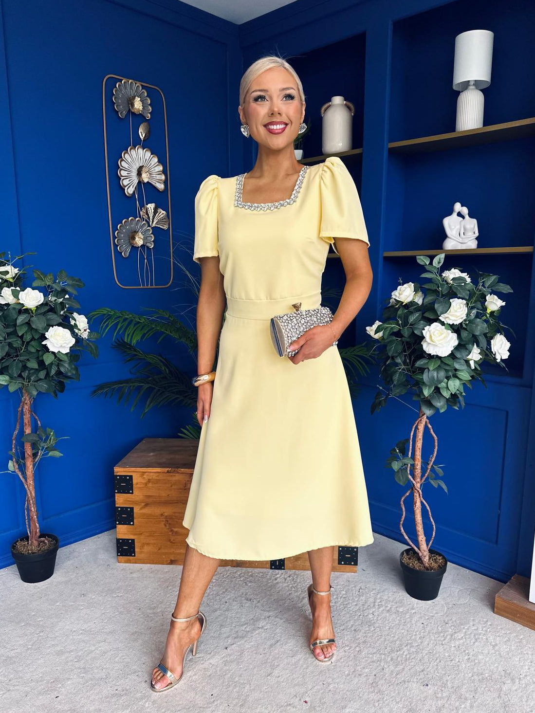 Florence Embellished Occasion Midi Dress Yellow