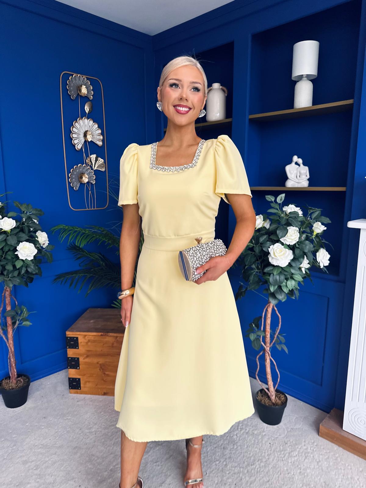 Florence Embellished Occasion Midi Dress Yellow