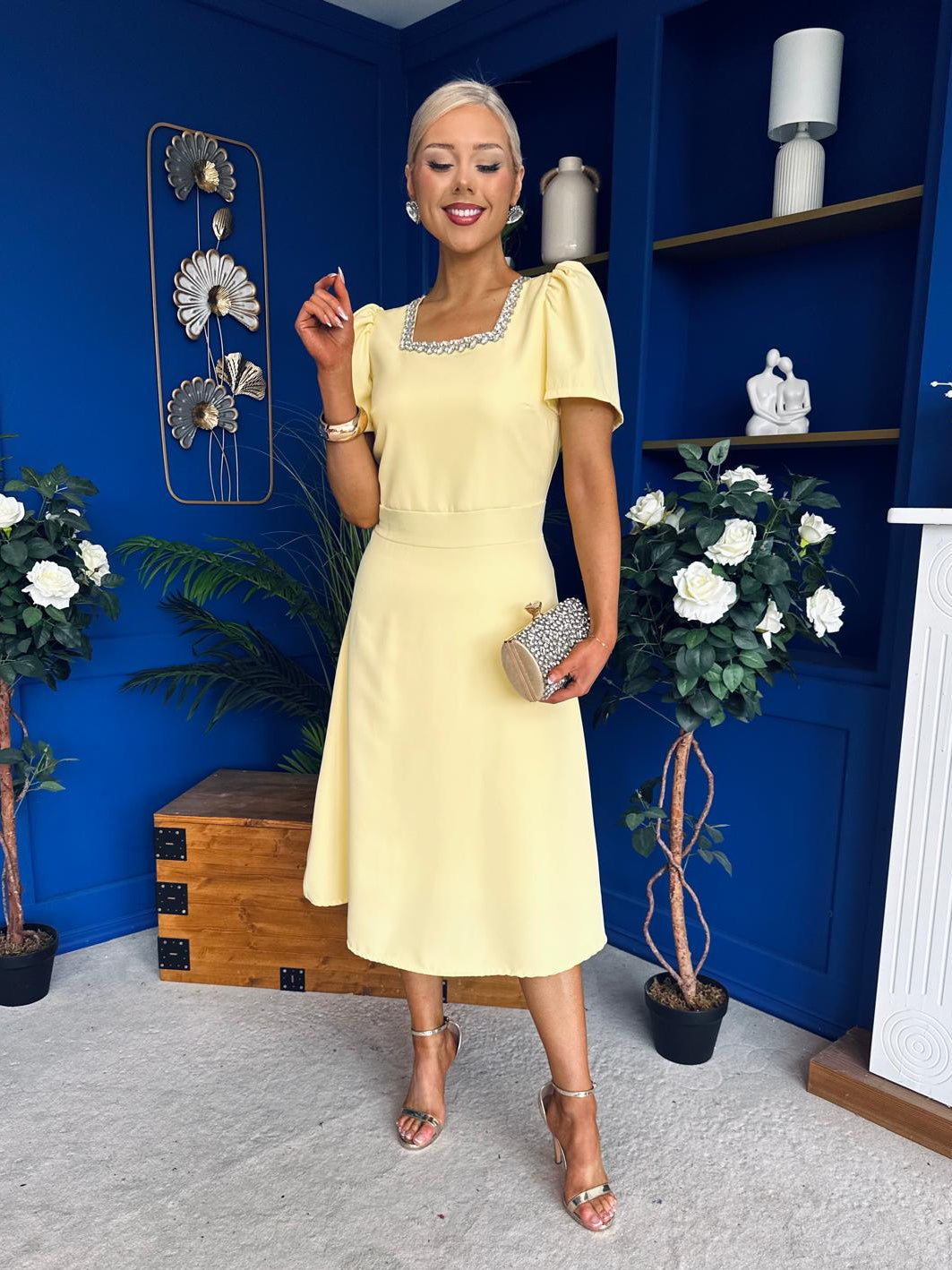 Florence Embellished Occasion Midi Dress Yellow