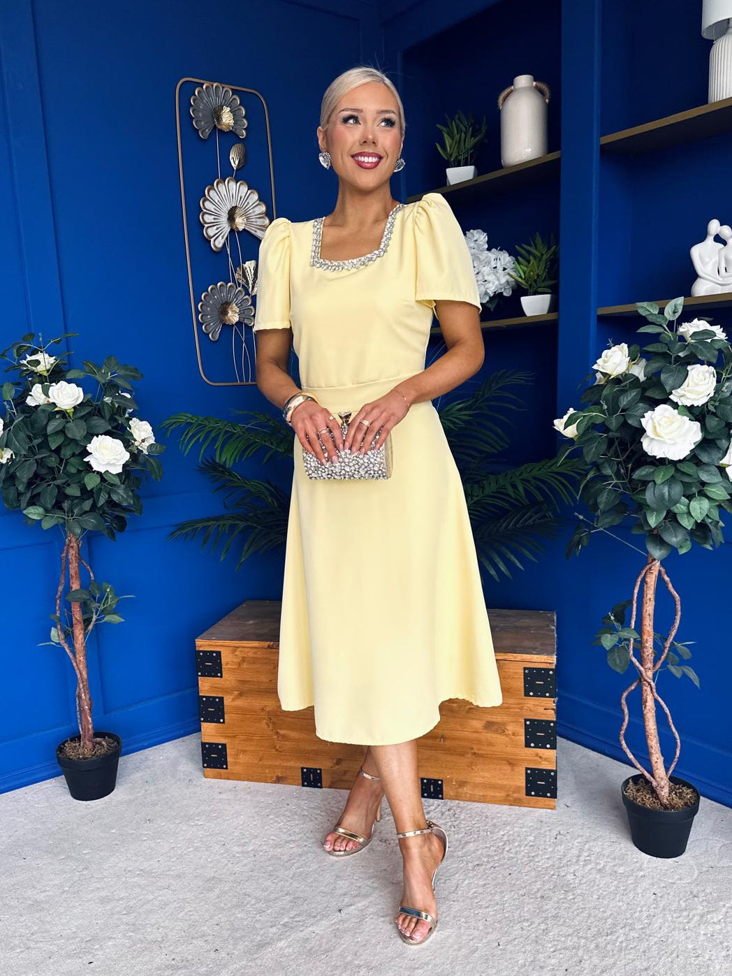 Florence Embellished Occasion Midi Dress Yellow