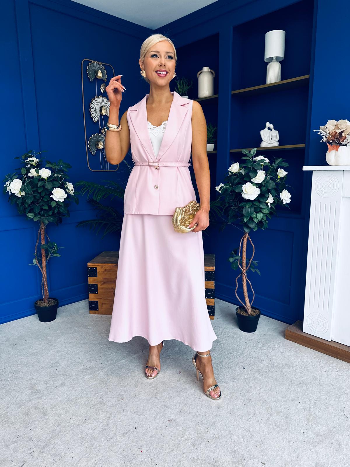 Elsie Detailed Waistcoat & Skirt Set Pink