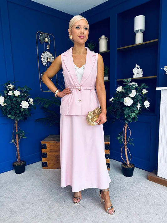 Elsie Detailed Waistcoat & Skirt Set Pink