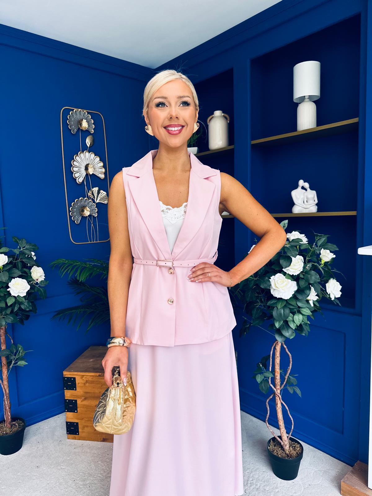 Elsie Detailed Waistcoat & Skirt Set Pink