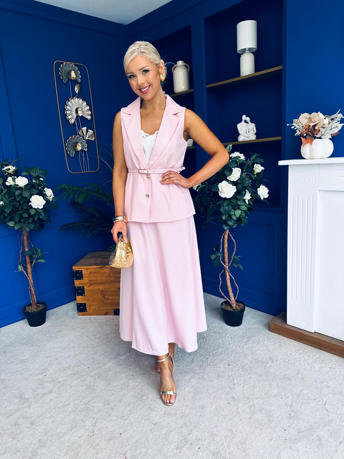 Elsie Detailed Waistcoat & Skirt Set Pink