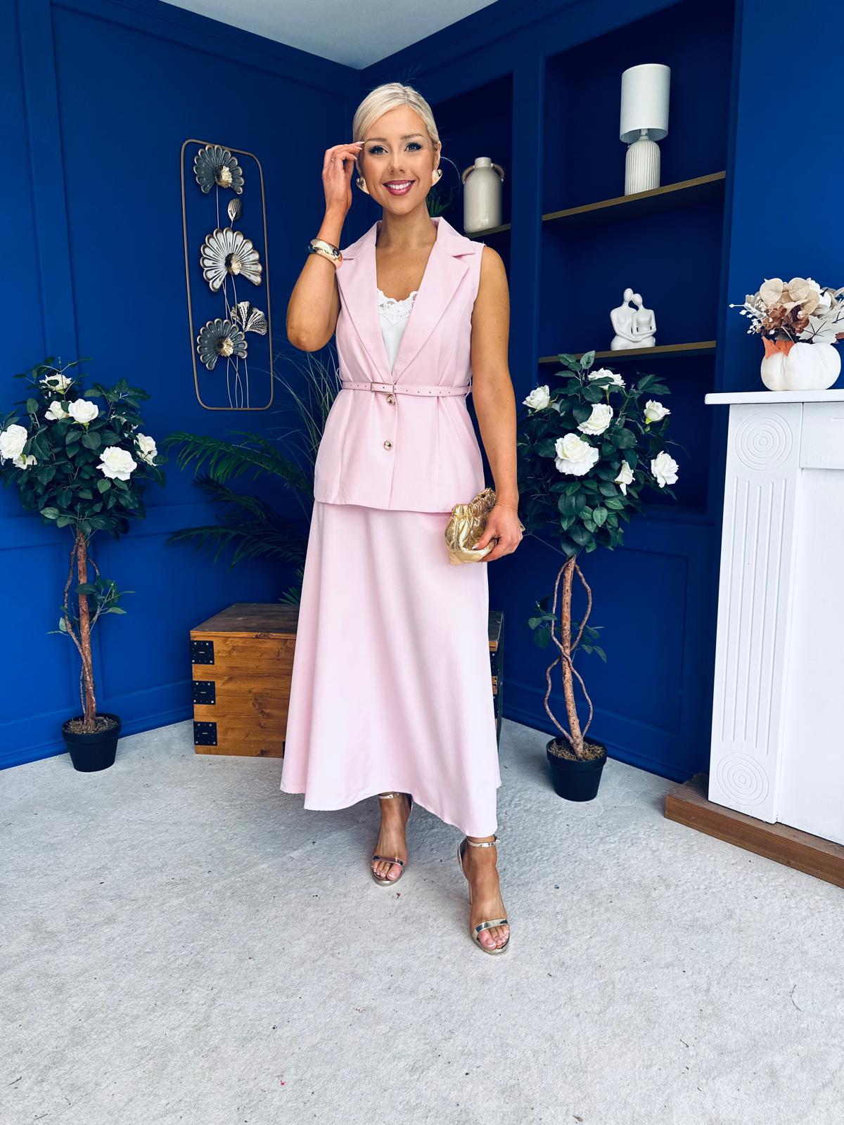 Elsie Detailed Waistcoat & Skirt Set Pink