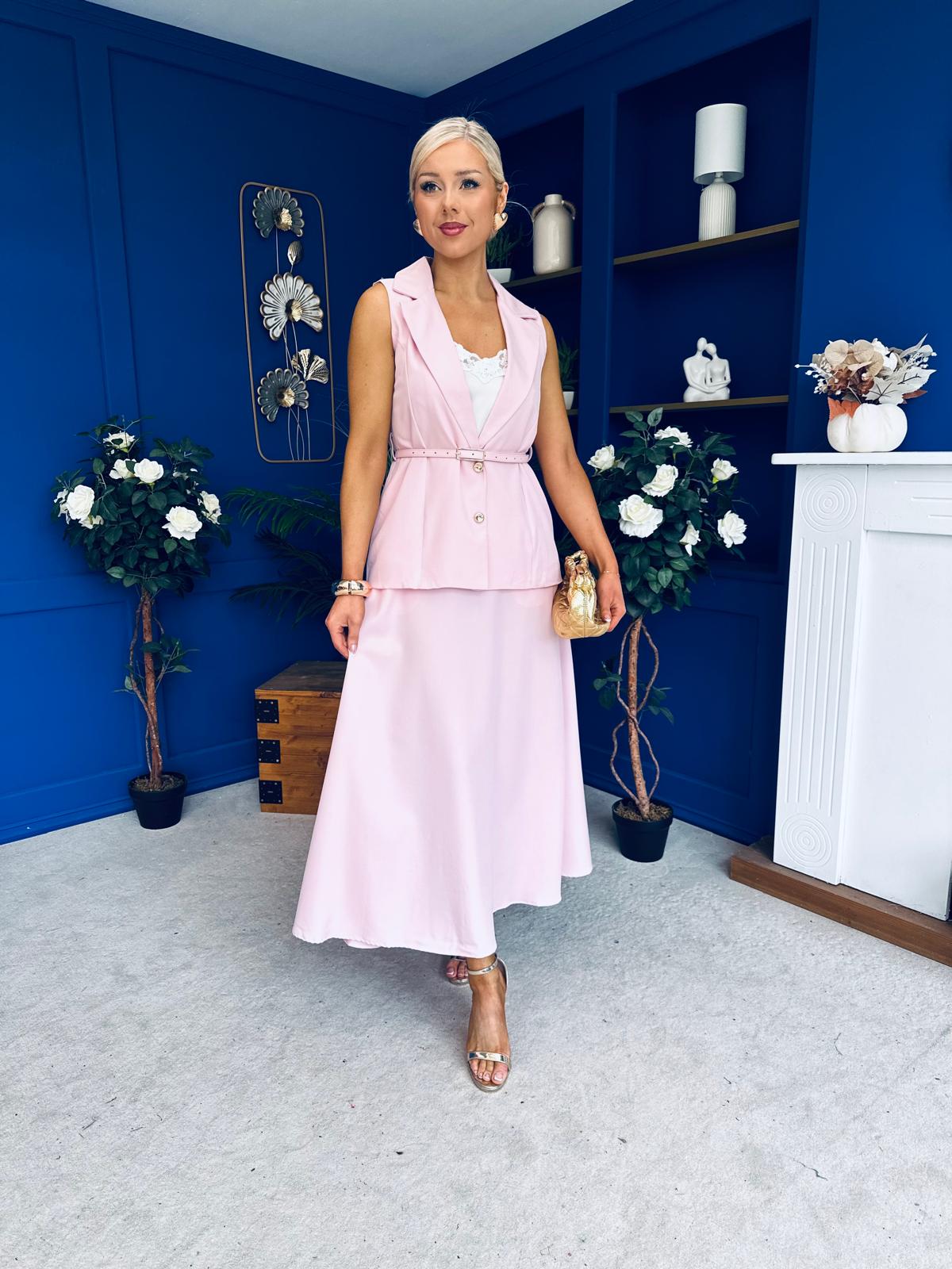 Elsie Detailed Waistcoat & Skirt Set Pink