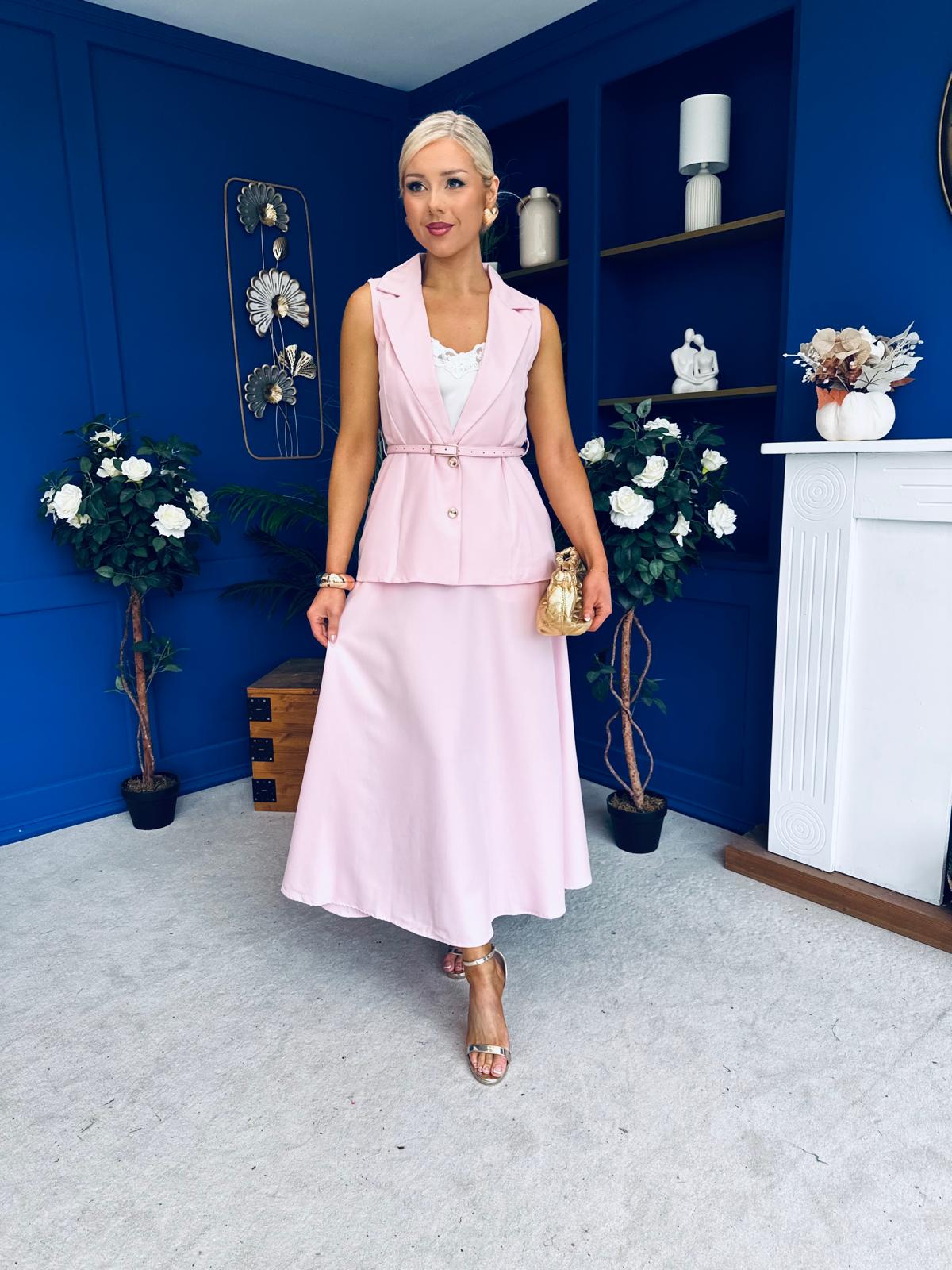 Elsie Detailed Waistcoat & Skirt Set Pink
