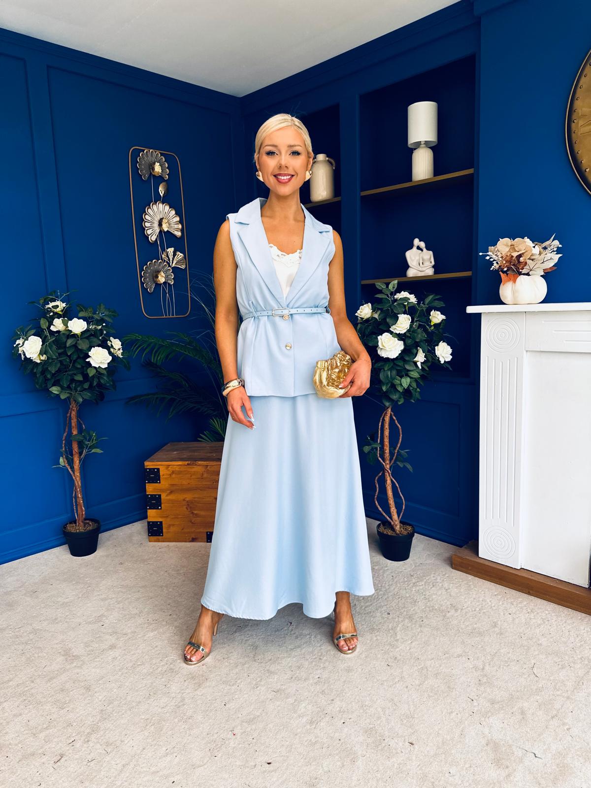 Elsie Detailed Waistcoat & Skirt Set Blue