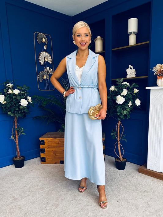 Elsie Detailed Waistcoat & Skirt Set Blue