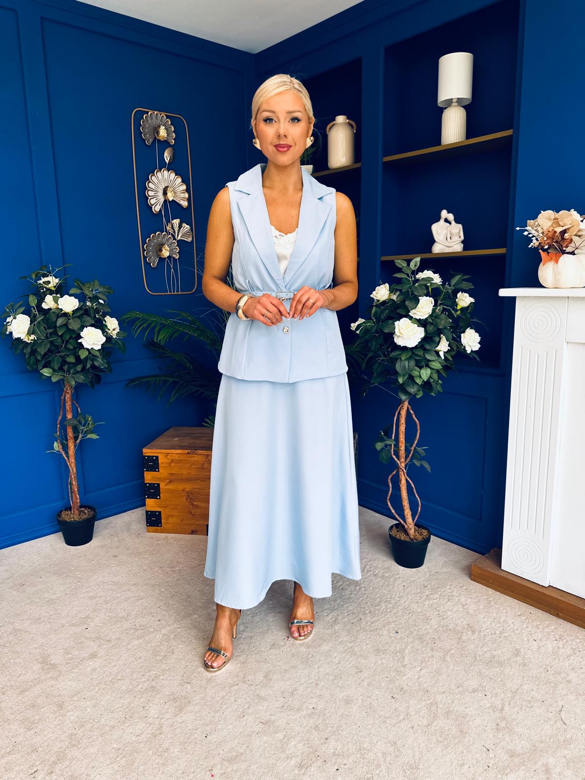 Elsie Detailed Waistcoat & Skirt Set Blue