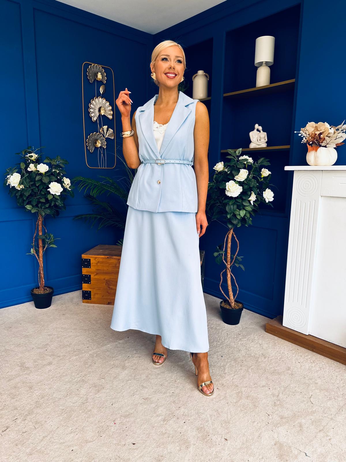 Elsie Detailed Waistcoat & Skirt Set Blue