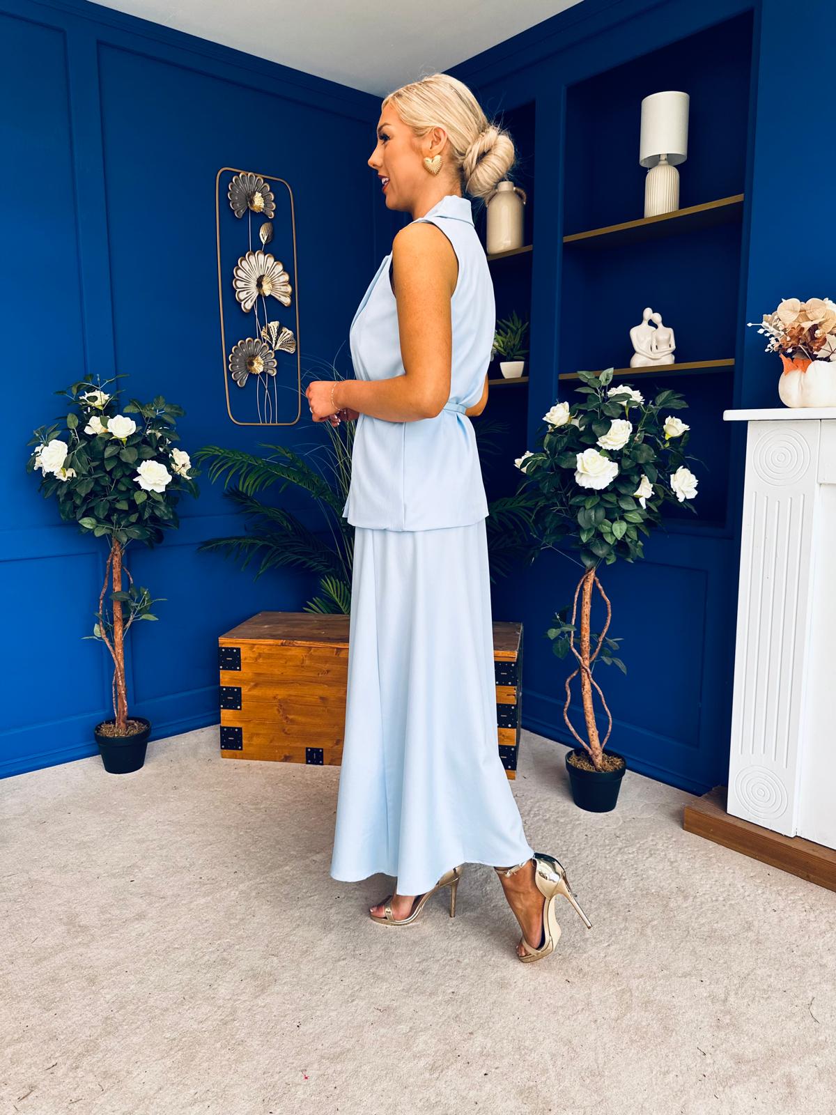 Elsie Detailed Waistcoat & Skirt Set Blue