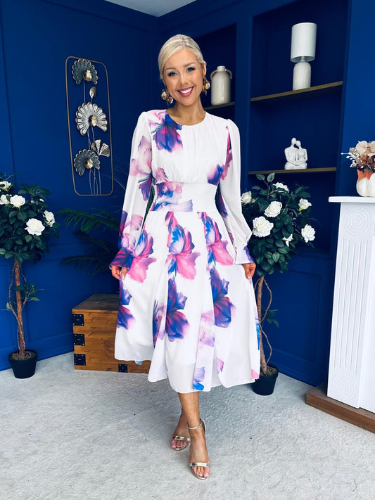 Kaylinn Banded Midi Dress Floral Purple