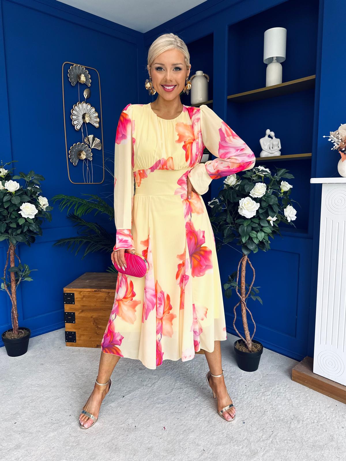 Kaylinn Banded Midi Dress Floral Yellow