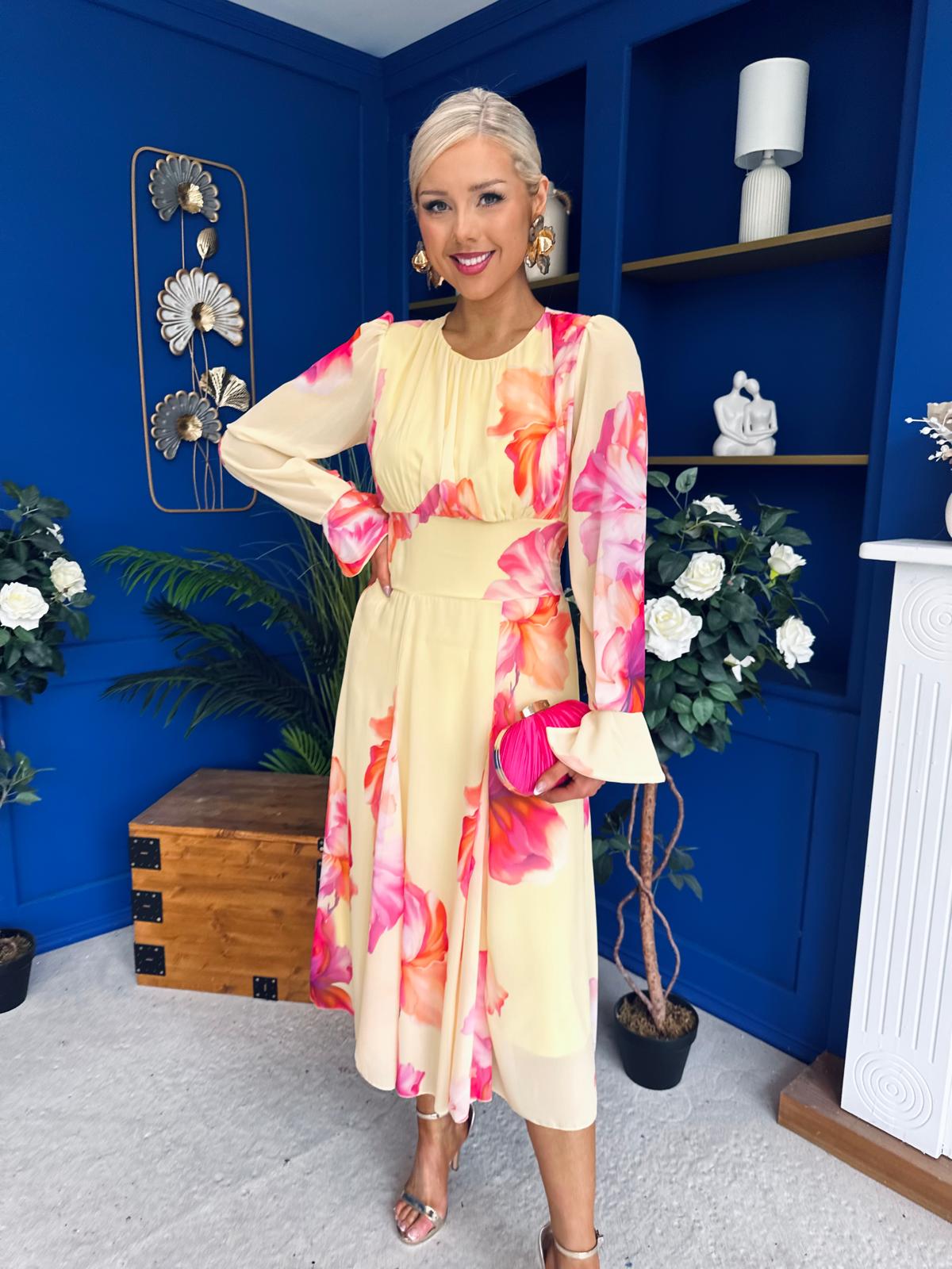 Kaylinn Banded Midi Dress Floral Yellow