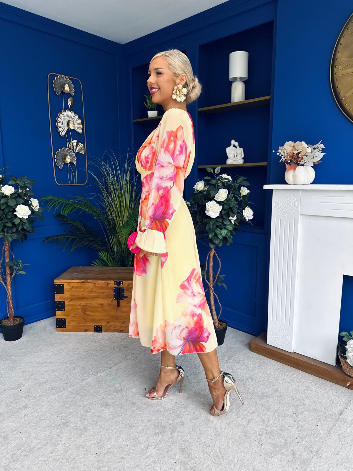 Kaylinn Banded Midi Dress Floral Yellow