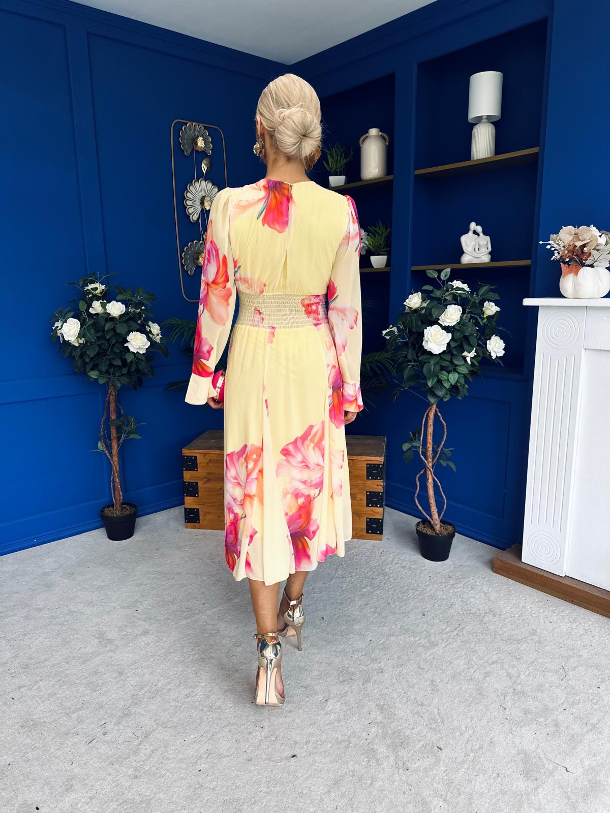 Kaylinn Banded Midi Dress Floral Yellow