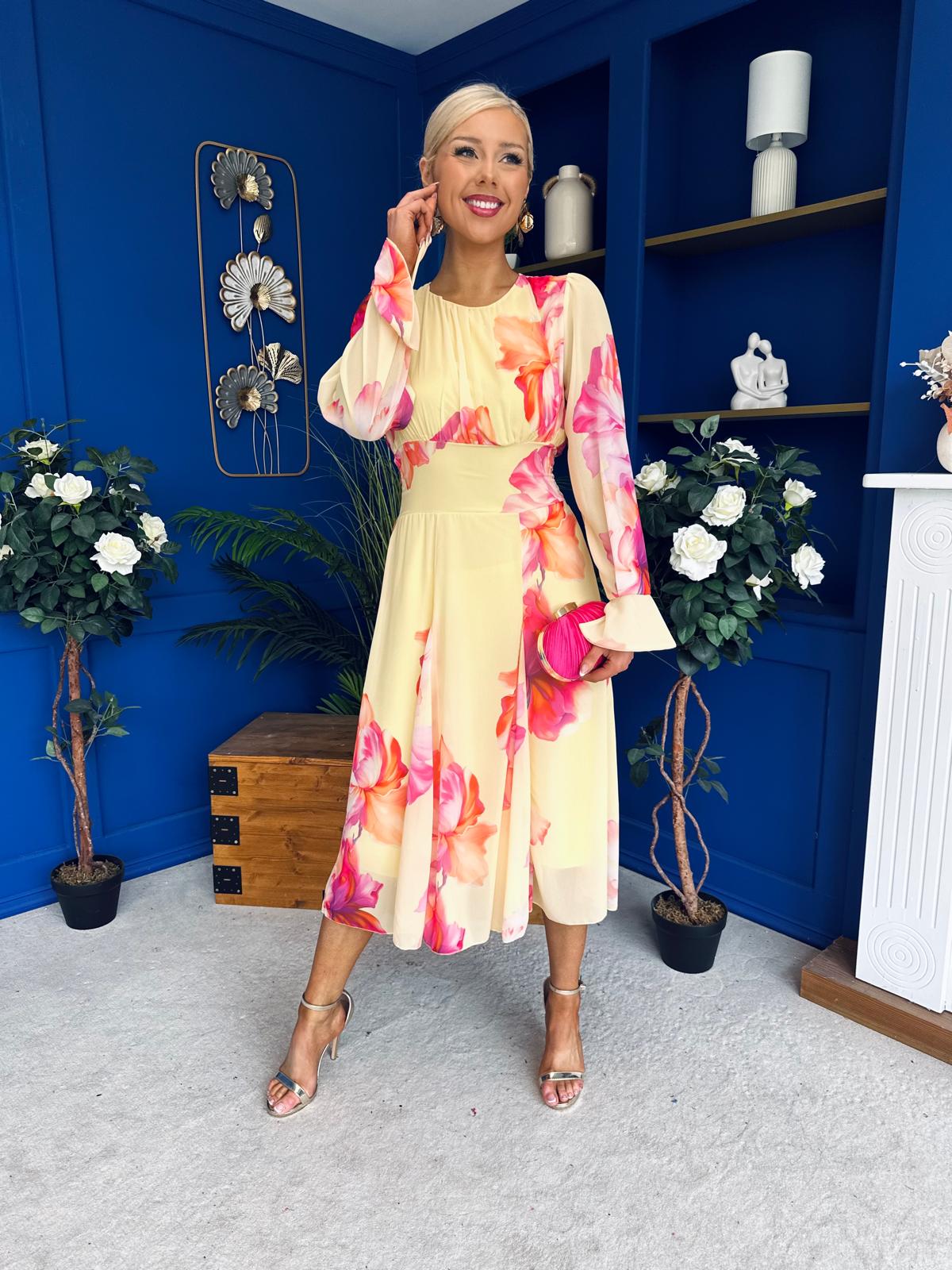 Kaylinn Banded Midi Dress Floral Yellow