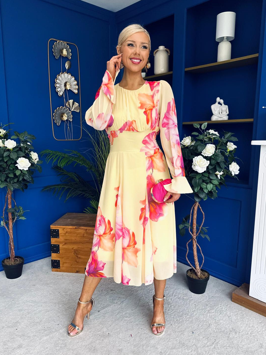 Kaylinn Banded Midi Dress Floral Yellow