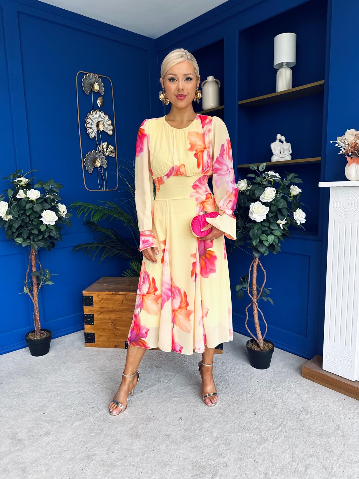 Kaylinn Banded Midi Dress Floral Yellow