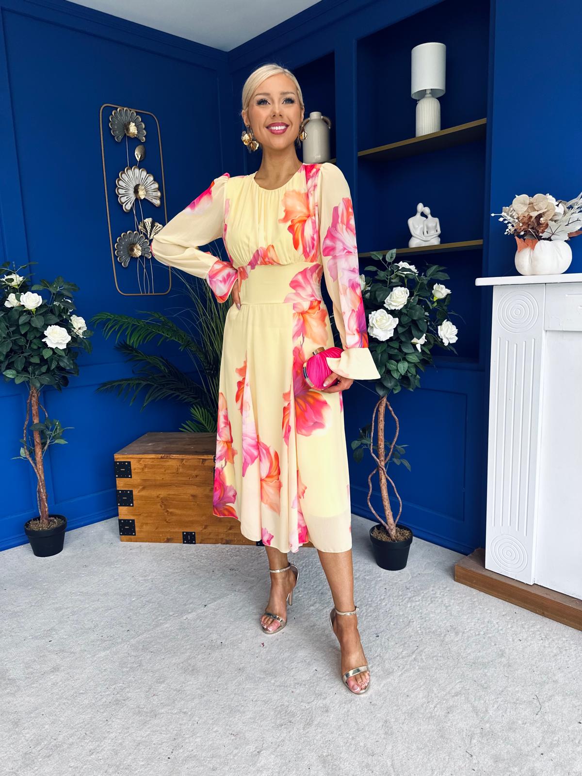 Kaylinn Banded Midi Dress Floral Yellow