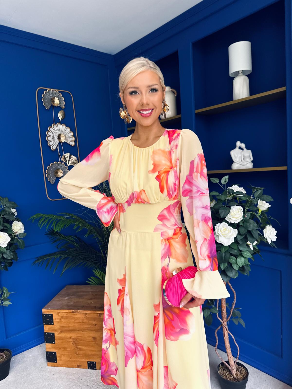 Kaylinn Banded Midi Dress Floral Yellow