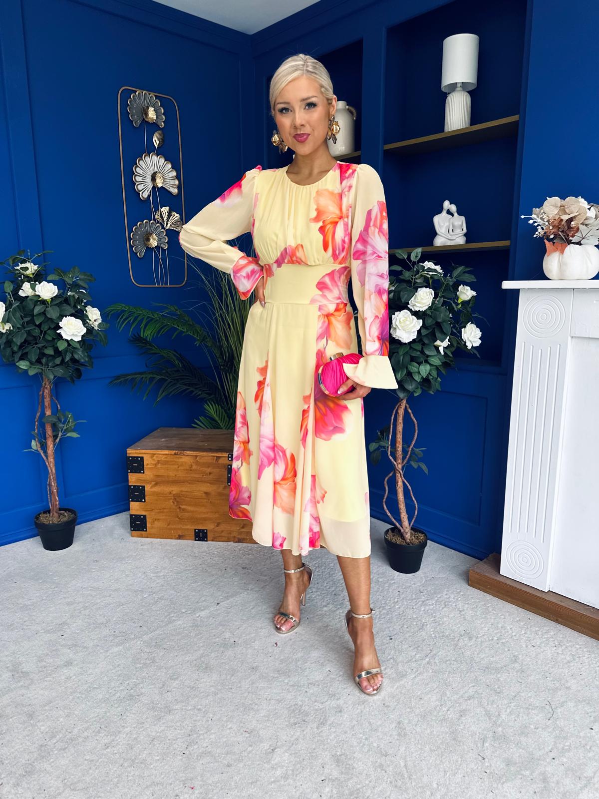 Kaylinn Banded Midi Dress Floral Yellow