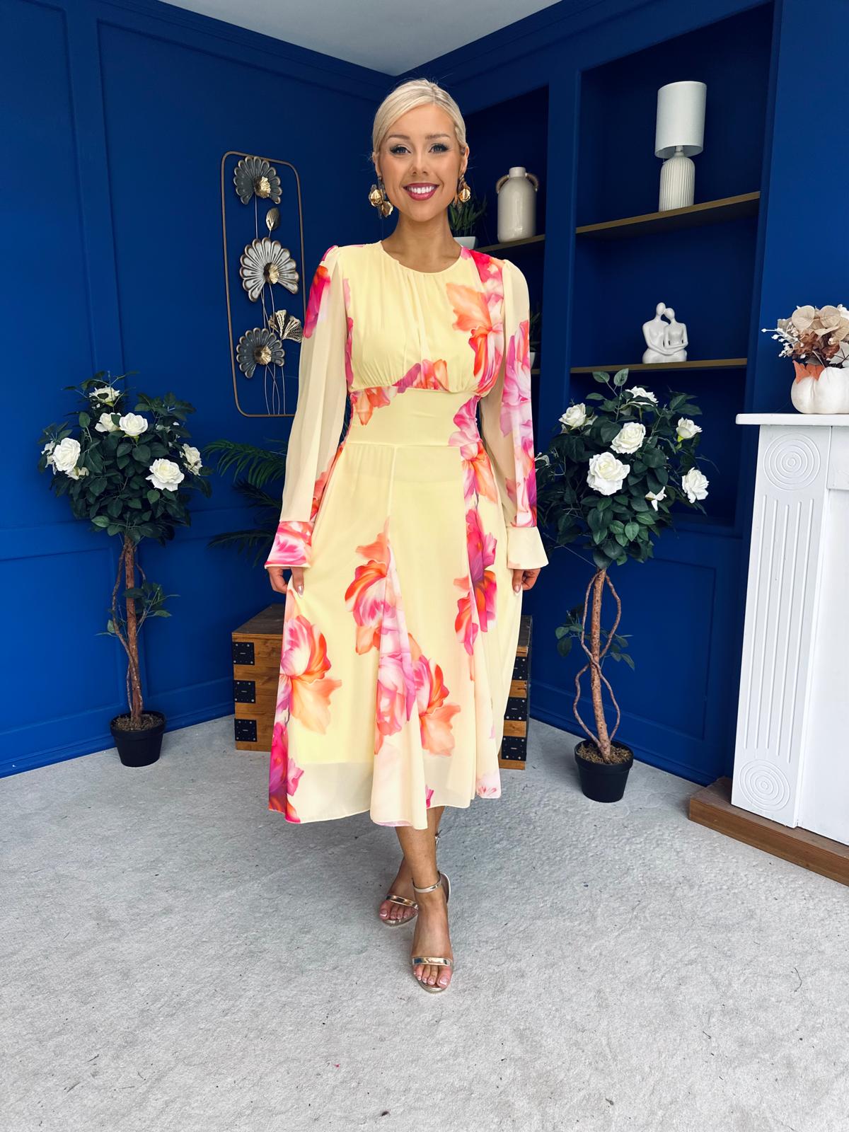 Kaylinn Banded Midi Dress Floral Yellow