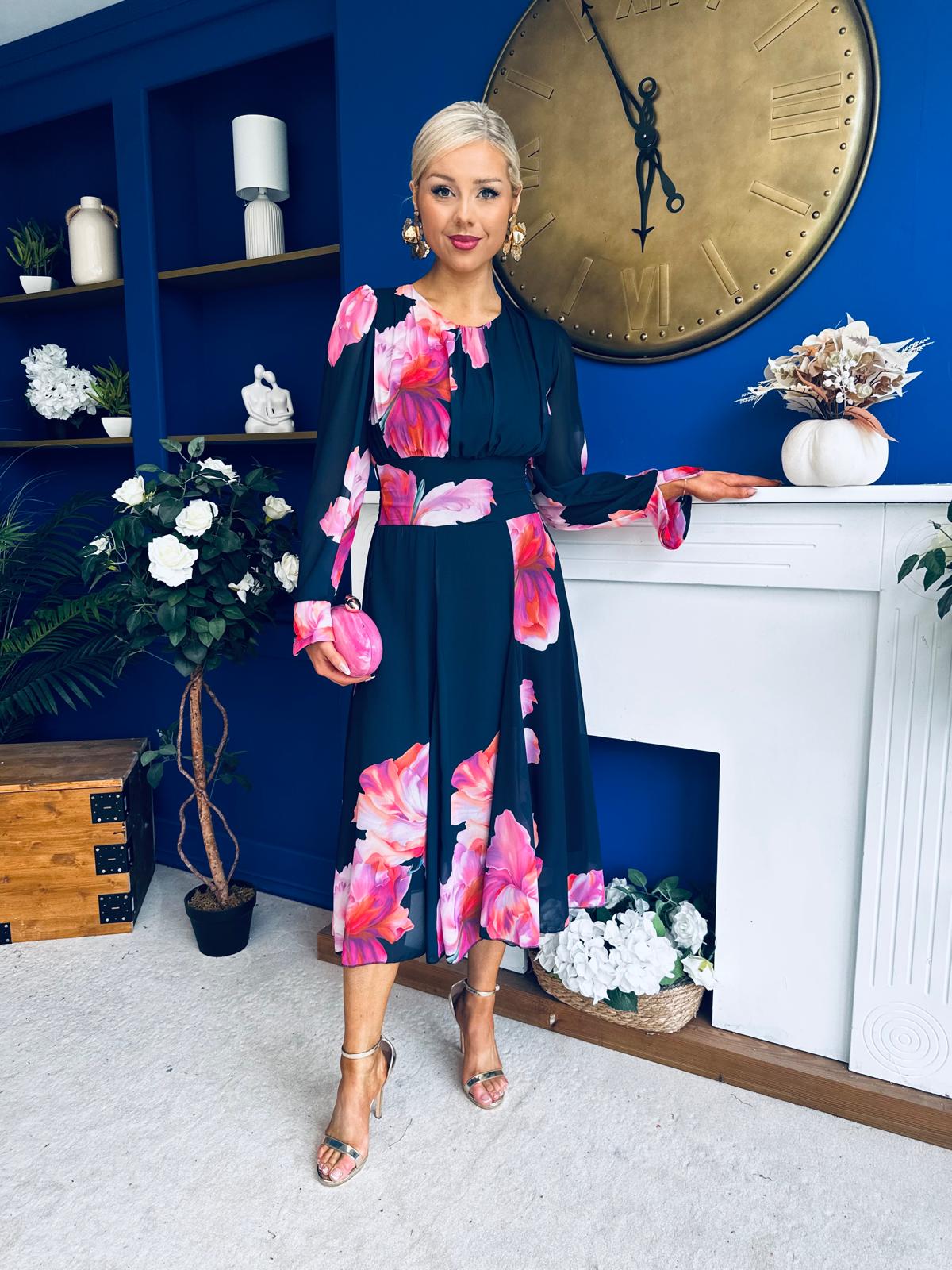 Kaylinn Banded Midi Dress Floral Navy