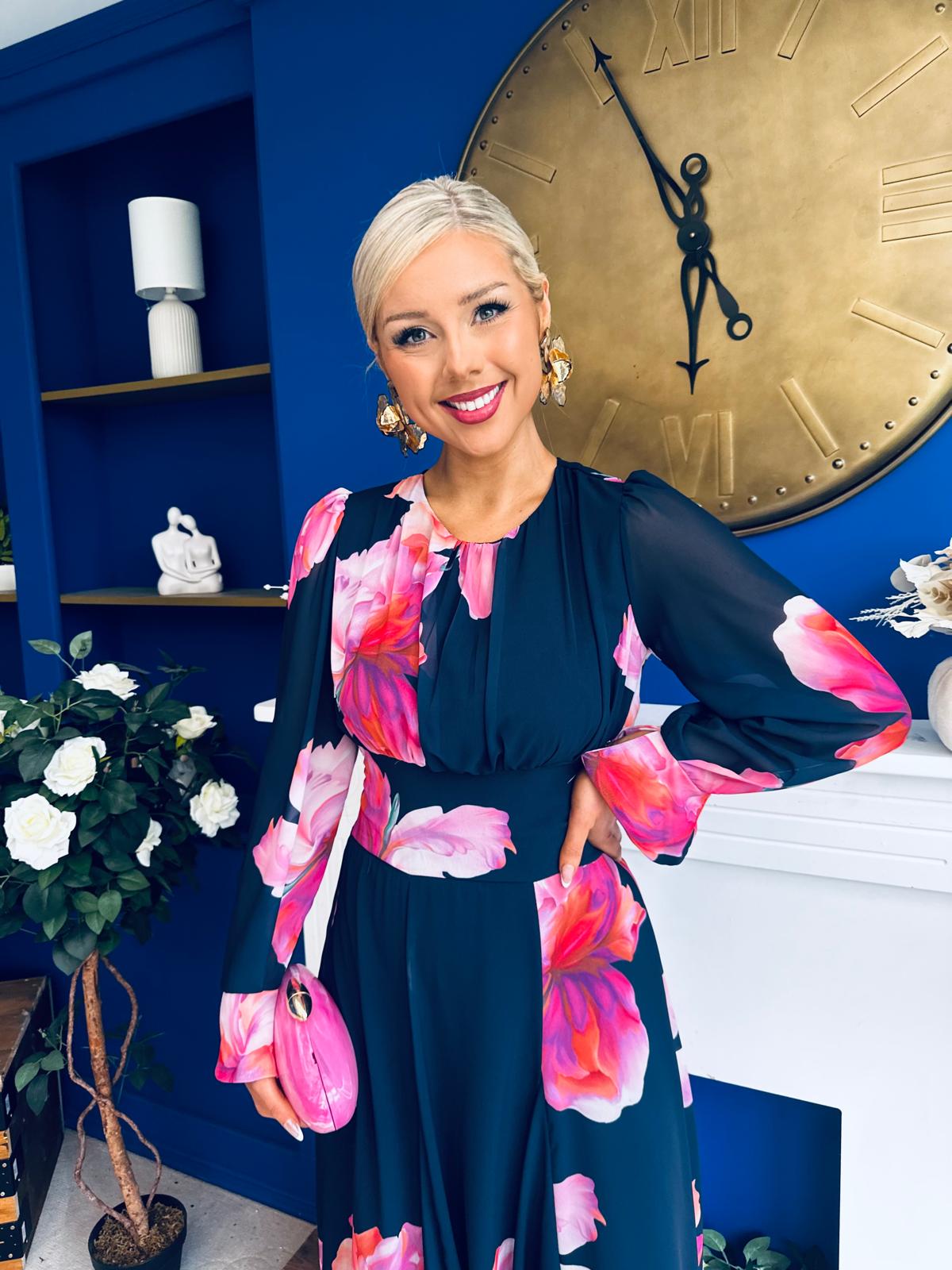 Kaylinn Banded Midi Dress Floral Navy